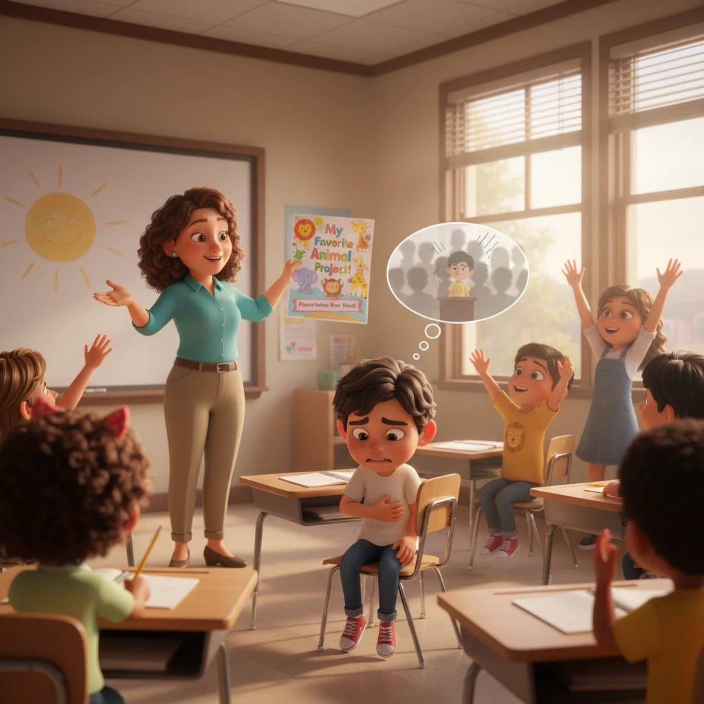 Un día, la Sra. Elena anunció un proyecto emocionante: cada estudiante presentaría su animal favorito. La clase zumbó de emoción, pero el corazón de Leo se hundió. Imaginó a todos mirándolo, su voz temblorosa, y sintió un nudo en el estómago.