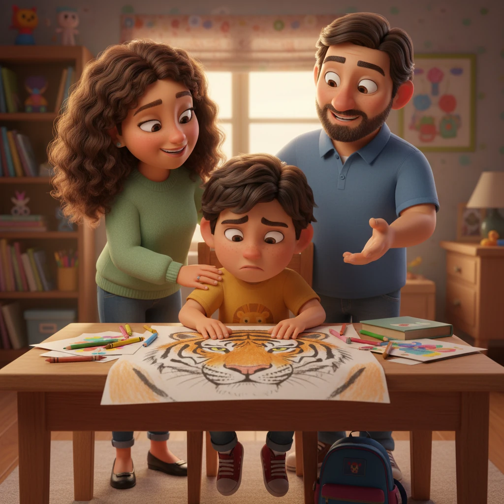 En casa, Leo dibujó un majestuoso tigre de Bengala con rayas detalladas y ojos brillantes, pero la idea de hablar frente a todos lo paralizaba. Sus padres lo animaron, pero él solo podía asentir, la preocupación grabada en su pequeño rostro. La lámina del tigre yacía sobre su escritorio, esperando ser presentada.