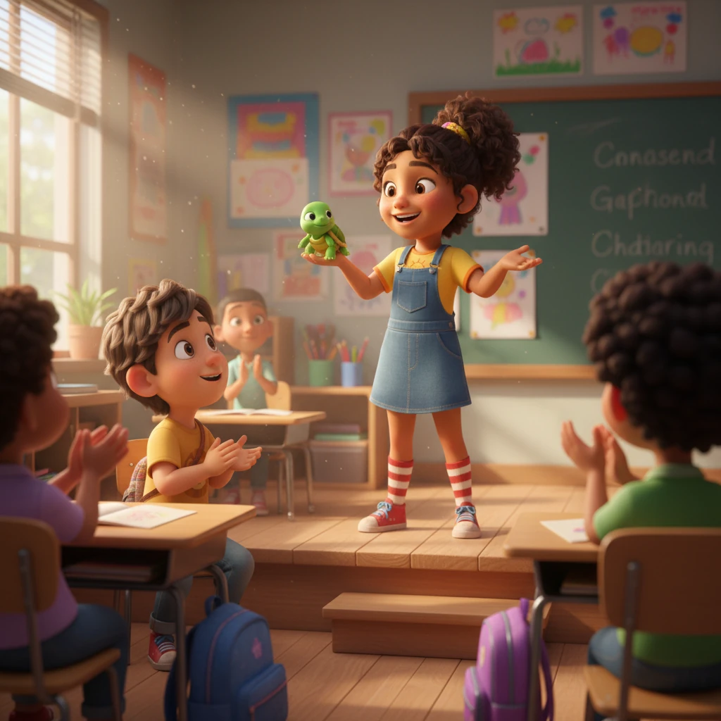 Al día siguiente, vio a su compañera Sofía, que solía ser tan tímida como él, subir al frente con una sonrisa radiante para hablar de su tortuga. Sofía habló con una voz clara y fuerte, y la clase aplaudió con entusiasmo. Una pequeña chispa de asombro se encendió en el pecho de Leo.