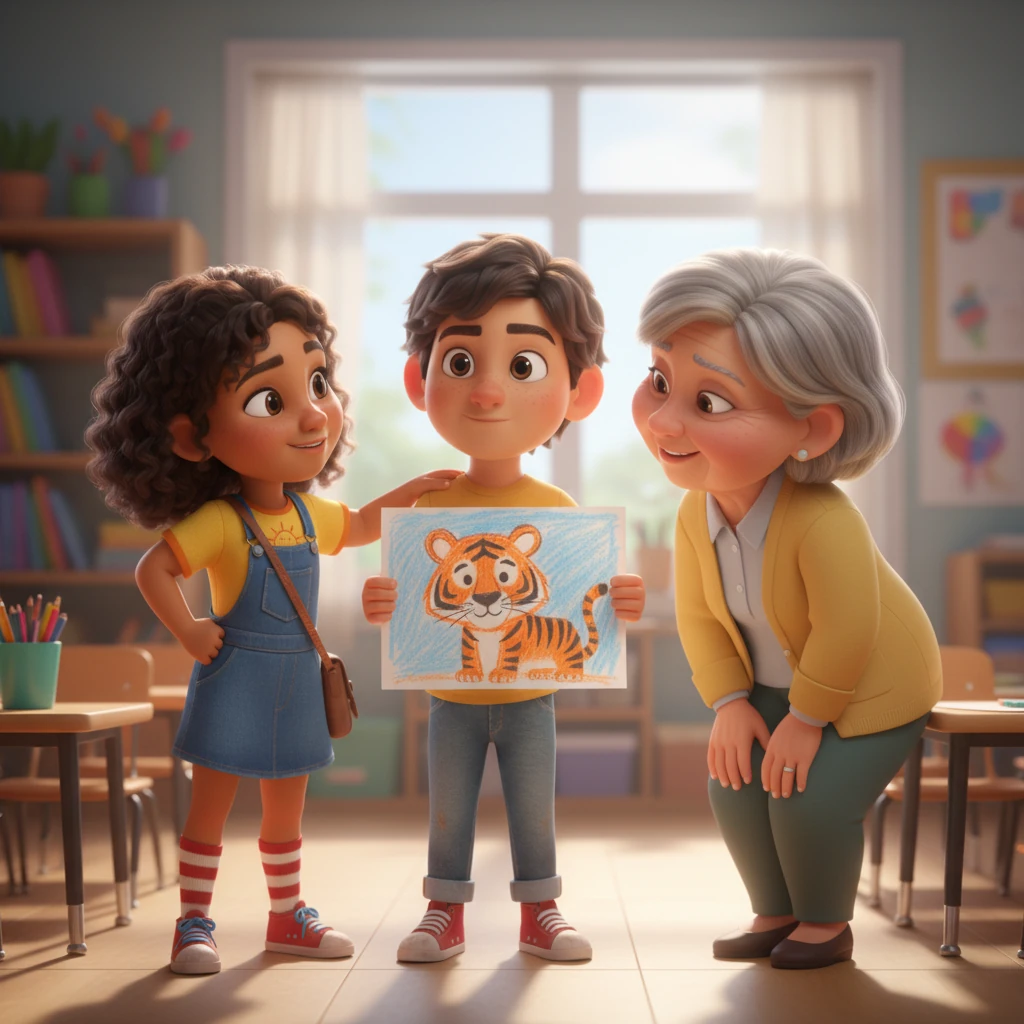 Leo miró su dibujo del tigre, luego a Sofía, y luego a la Sra. Elena, quien le sonrió amablemente. Pensó en lo mucho que amaba a los tigres y en todo lo que había aprendido sobre ellos. ¿Podría él también compartir esa pasión? La idea de ser valiente parecía un gran salto, pero la curiosidad era fuerte.