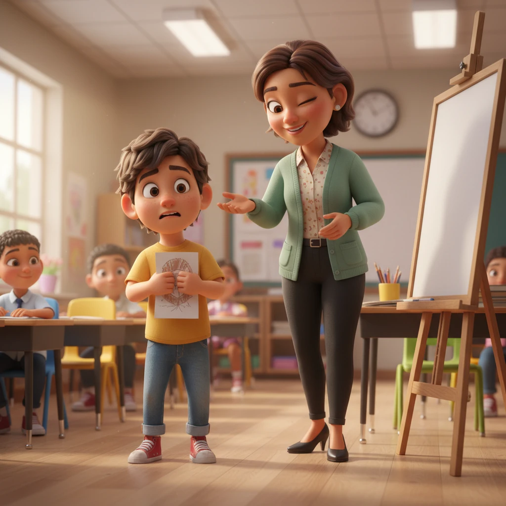 Cuando la Sra. Elena llamó su nombre, Leo sintió un escalofrío. Tomó una respiración profunda, apretó su dibujo y, con las piernas temblorosas, caminó hacia el frente de la clase. Sus ojos se encontraron con los de la Sra. Elena, quien le dio un guiño alentador.