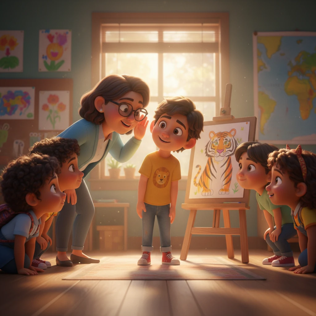 Al principio, su voz fue apenas un susurro, pero la Sra. Elena se inclinó ligeramente, y sus compañeros escucharon atentamente. Poco a poco, las palabras fluyeron más fácilmente mientras describía la fuerza y la belleza del tigre. Una pequeña sonrisa apareció en su rostro.