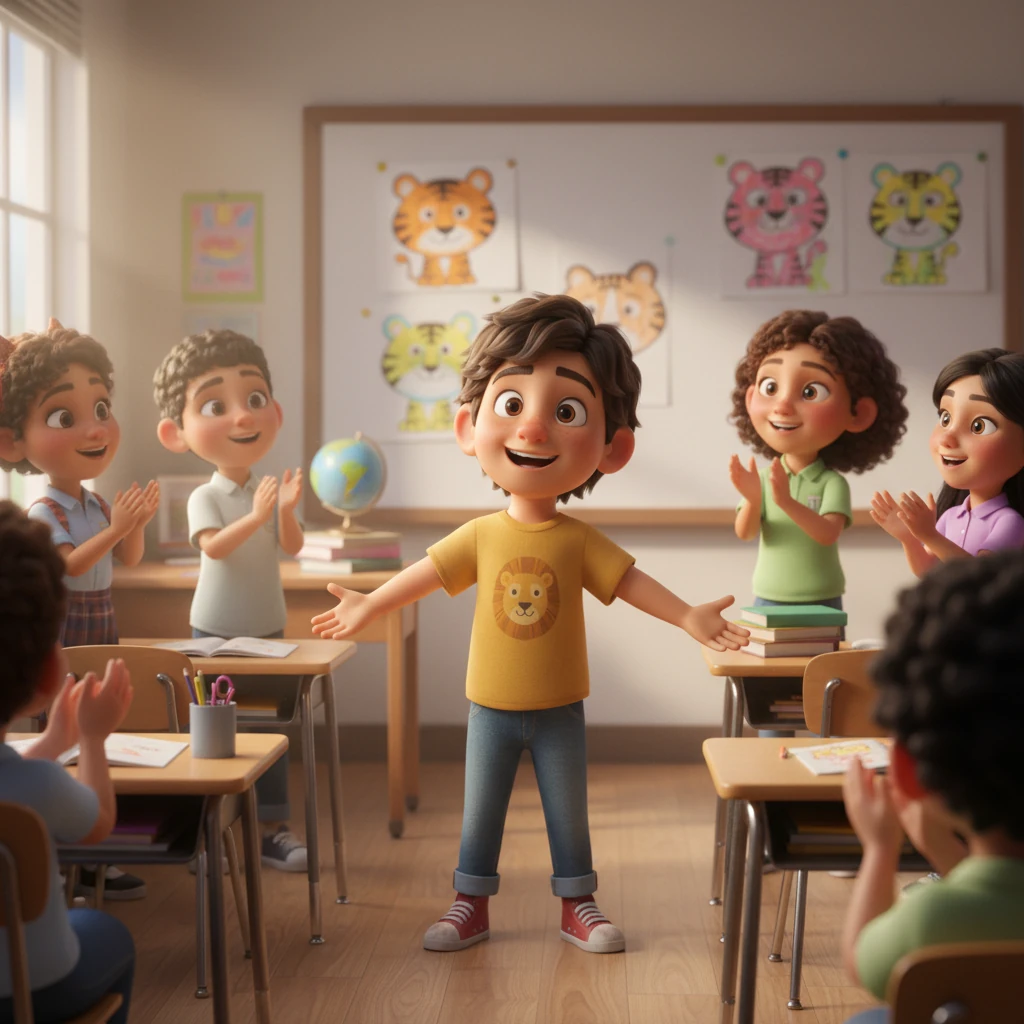 La clase escuchó fascinada mientras Leo compartía datos interesantes sobre los tigres, su voz ganando confianza con cada frase. Cuando terminó, recibió el aplauso más cálido que jamás había escuchado. Un sentimiento de orgullo y alegría lo invadió.