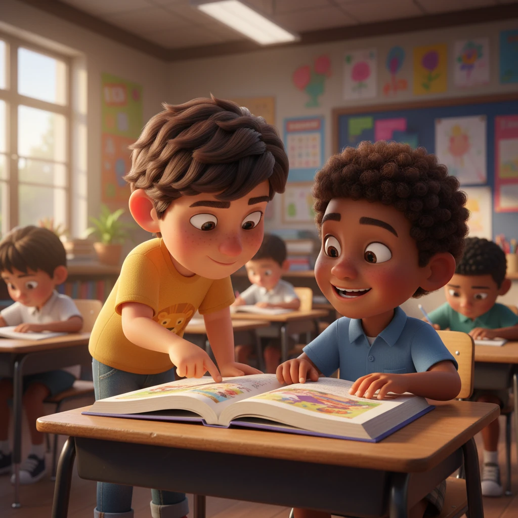 Después de eso, Leo empezó a participar más. Un día, cuando un compañero se trabó al leer un pasaje difícil, Leo, con una nueva audacia, se ofreció a ayudarlo a pronunciar una palabra complicada. Su compañero le dio una sonrisa de agradecimiento, y Leo se sintió satisfecho.