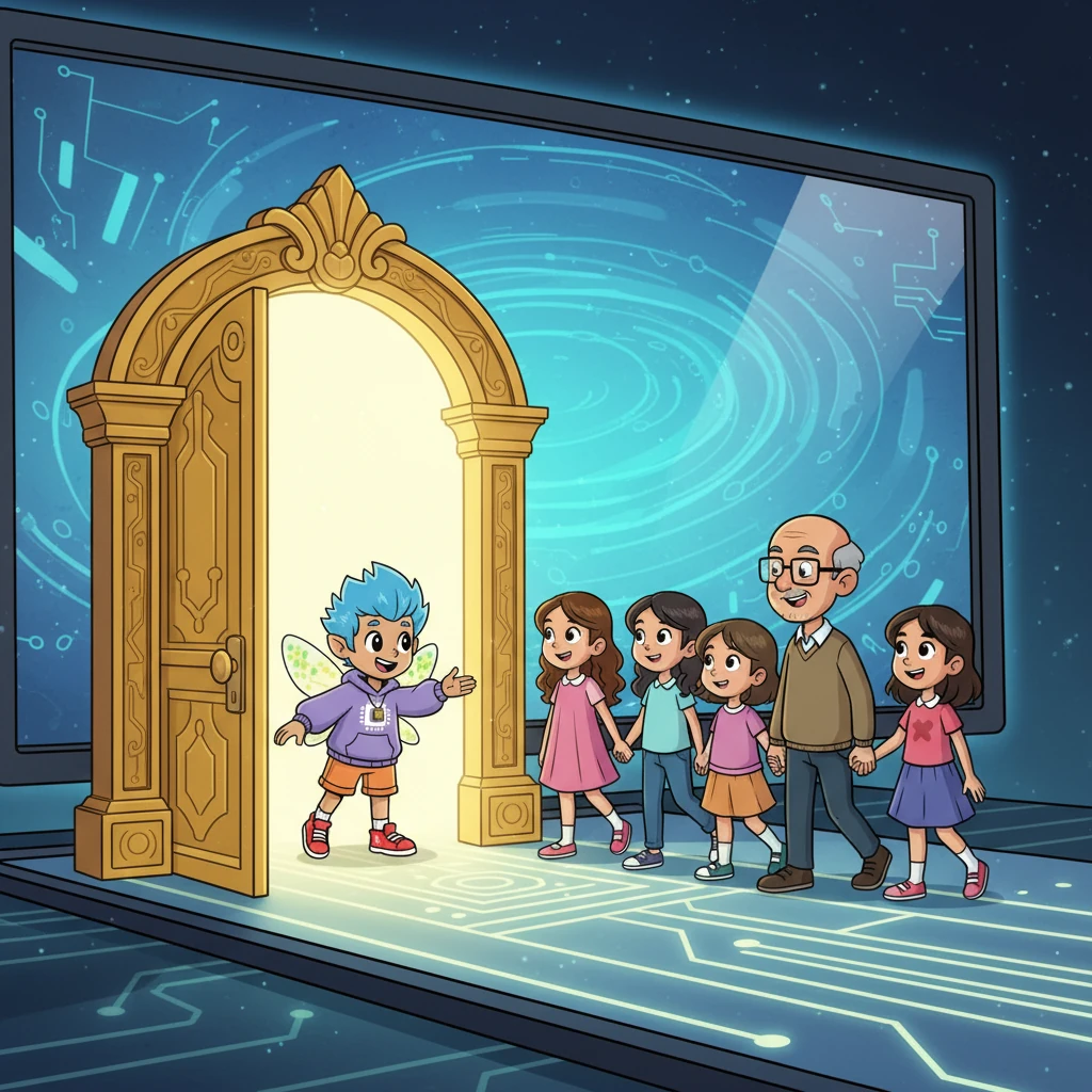 Bits, emocionado, invitó a los niños a un viaje dentro de una computadora. Entraron por una gran puerta dorada que se abrió en la pantalla.  Miriam, Julissa, Dayani y Montse, tomaron las manos del Profe Pastor y siguieron a Bits hacia el interior de la máquina.