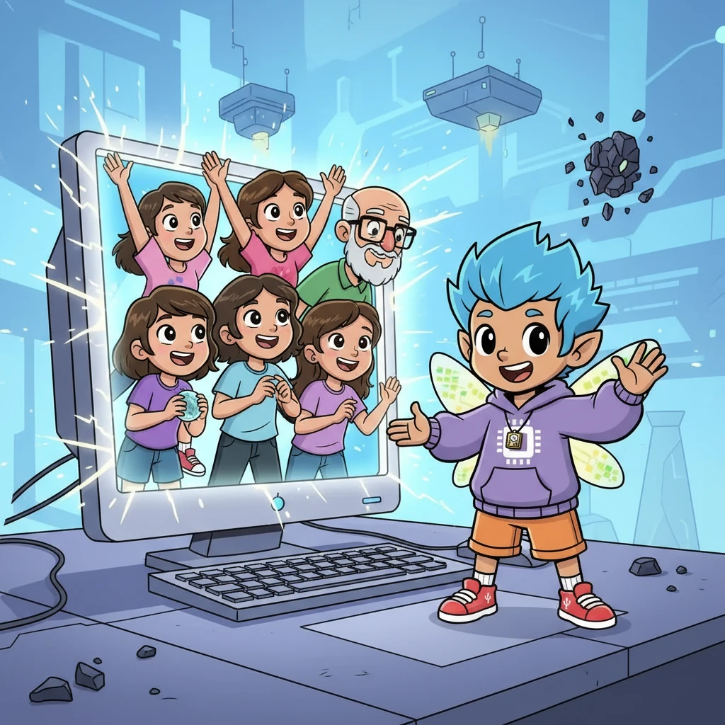 Finalmente, lograron derrotar al virus, restaurando la paz en el mundo digital.  Miriam, Julissa, Dayani, Montse y el Profe Pastor salieron de la computadora, felices y orgullosos de su aventura. Bits les agradeció por su valentía y les prometió más exploraciones futuras.