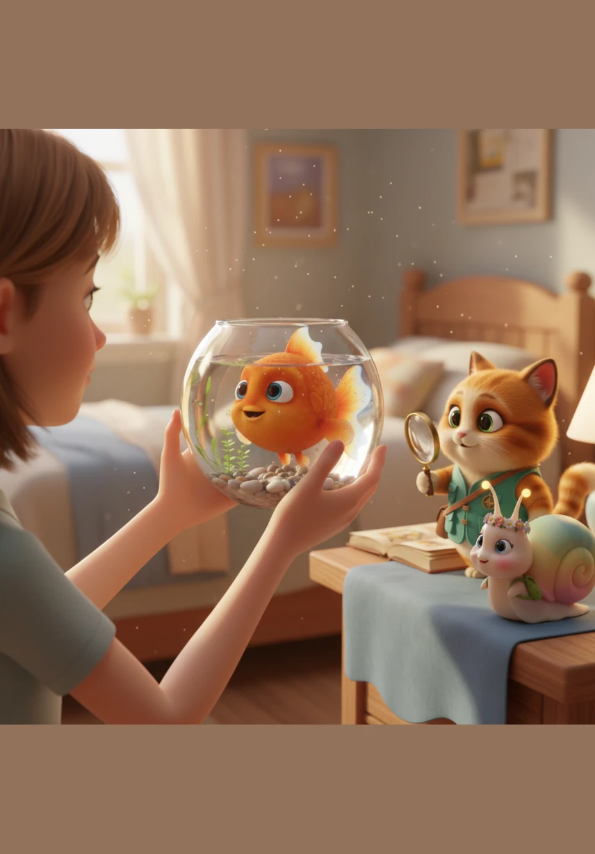 Finny’s heart skipped a beat when his human friend picked up his bowl and carefully moved him to a giant new tank. It was a magnificent underwater kingdom with white sand, sparkling pebbles, and plenty of room to zoom.