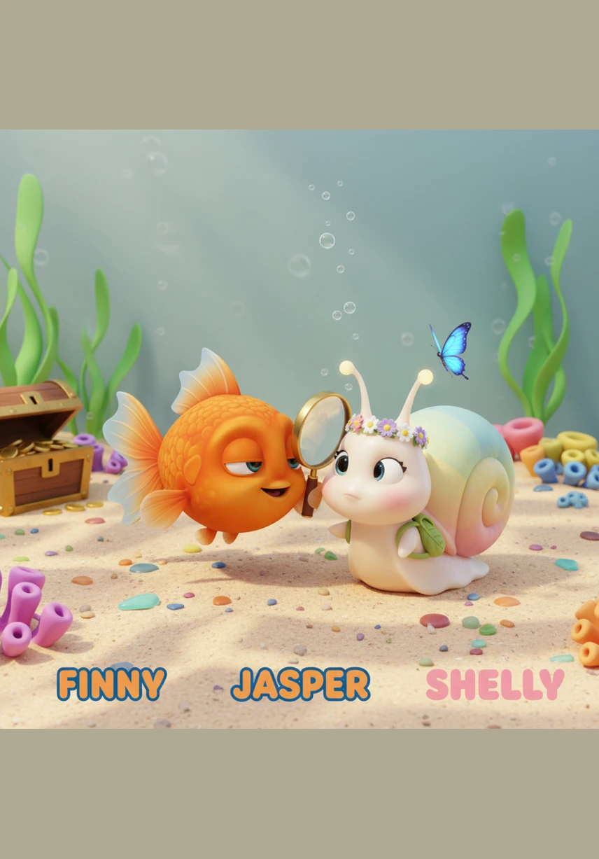 In the corner of his new home, Finny found a tiny golden treasure chest that blew magical silver bubbles. He loved to swim through the bubbles, feeling them tickle his fins as they wobbled all the way to the surface.