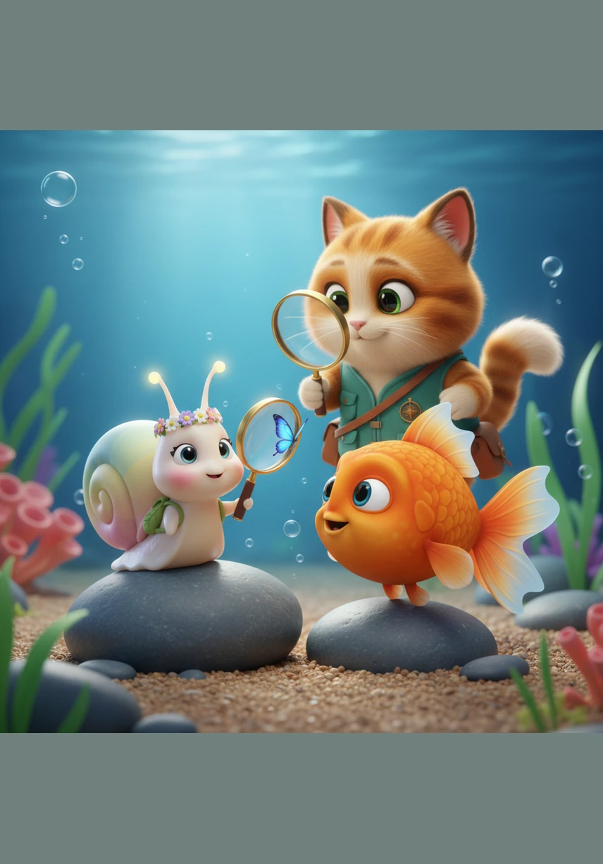 A slow and steady snail named Shelly crawled across a smooth purple stone to say hello. Finny did a happy flip in the water, excited to finally have a new friend to share his daily adventures with.