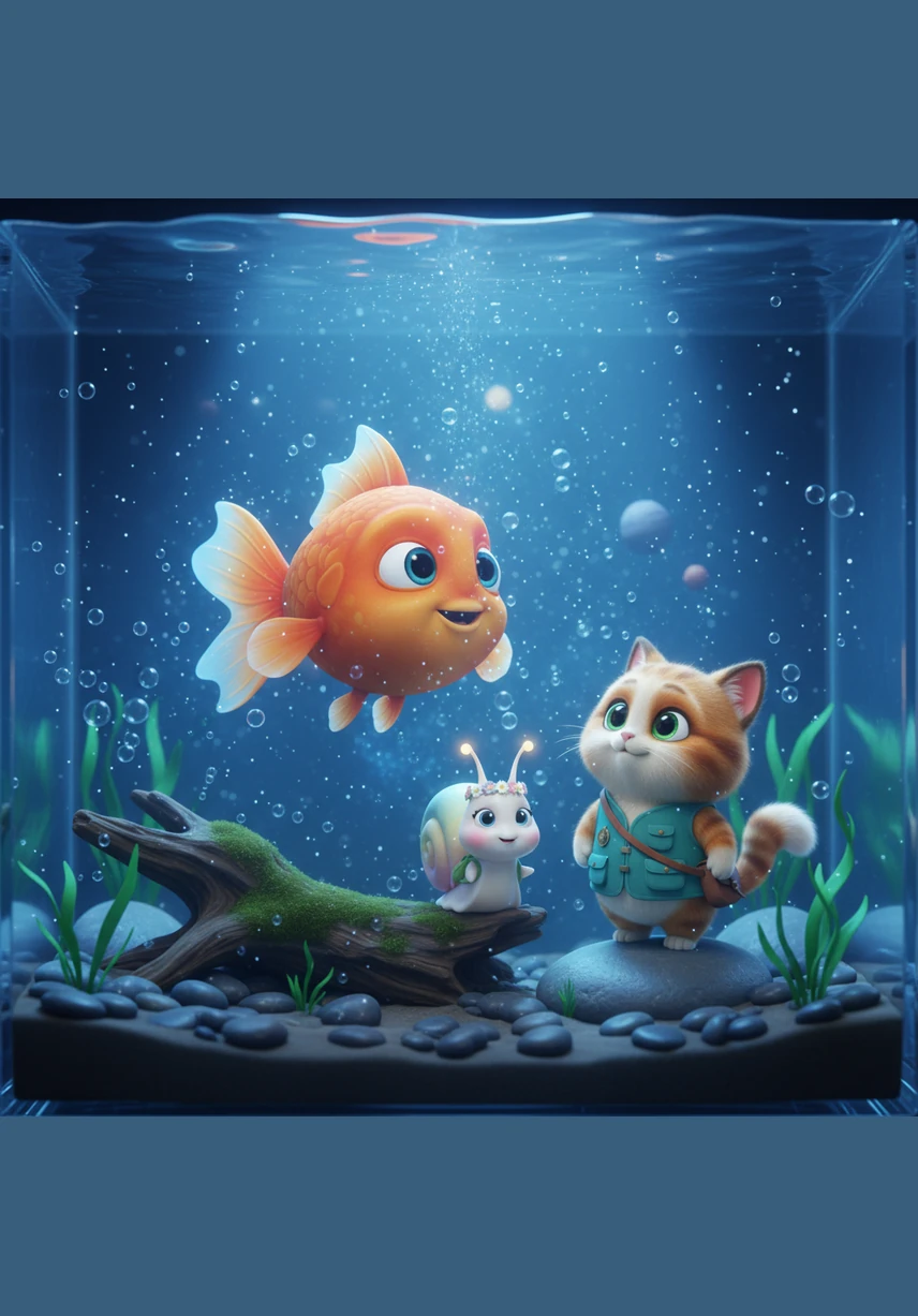 When the sun went down, a soft blue light turned the tank into a glowing moonlit world. The water shimmered like a starry night sky, making Finny feel like he was swimming among the stars and planets.