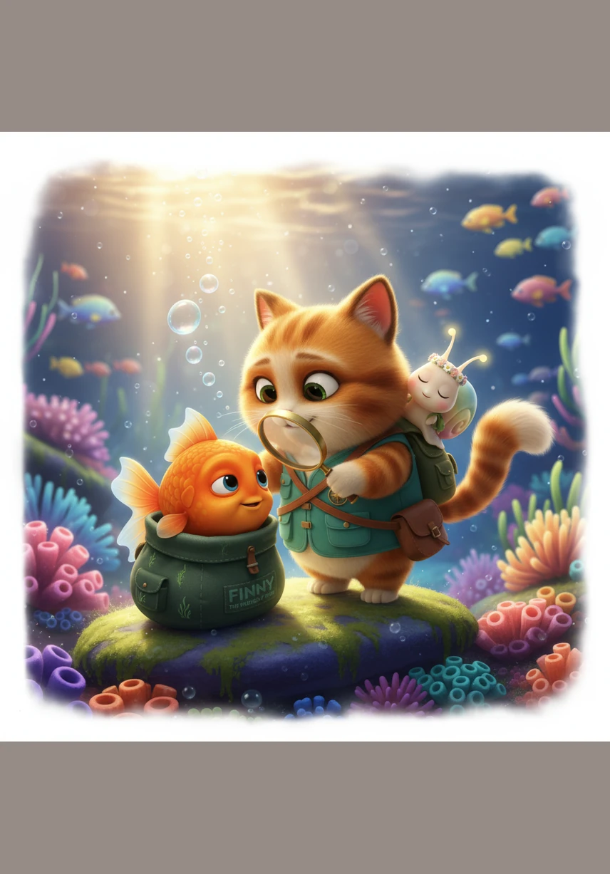 Tucked behind a soft, velvet leaf, Finny closed his eyes and drifted off to a peaceful sleep. He was the happiest goldfish in the world, dreaming of big silver bubbles and even bigger smiles.