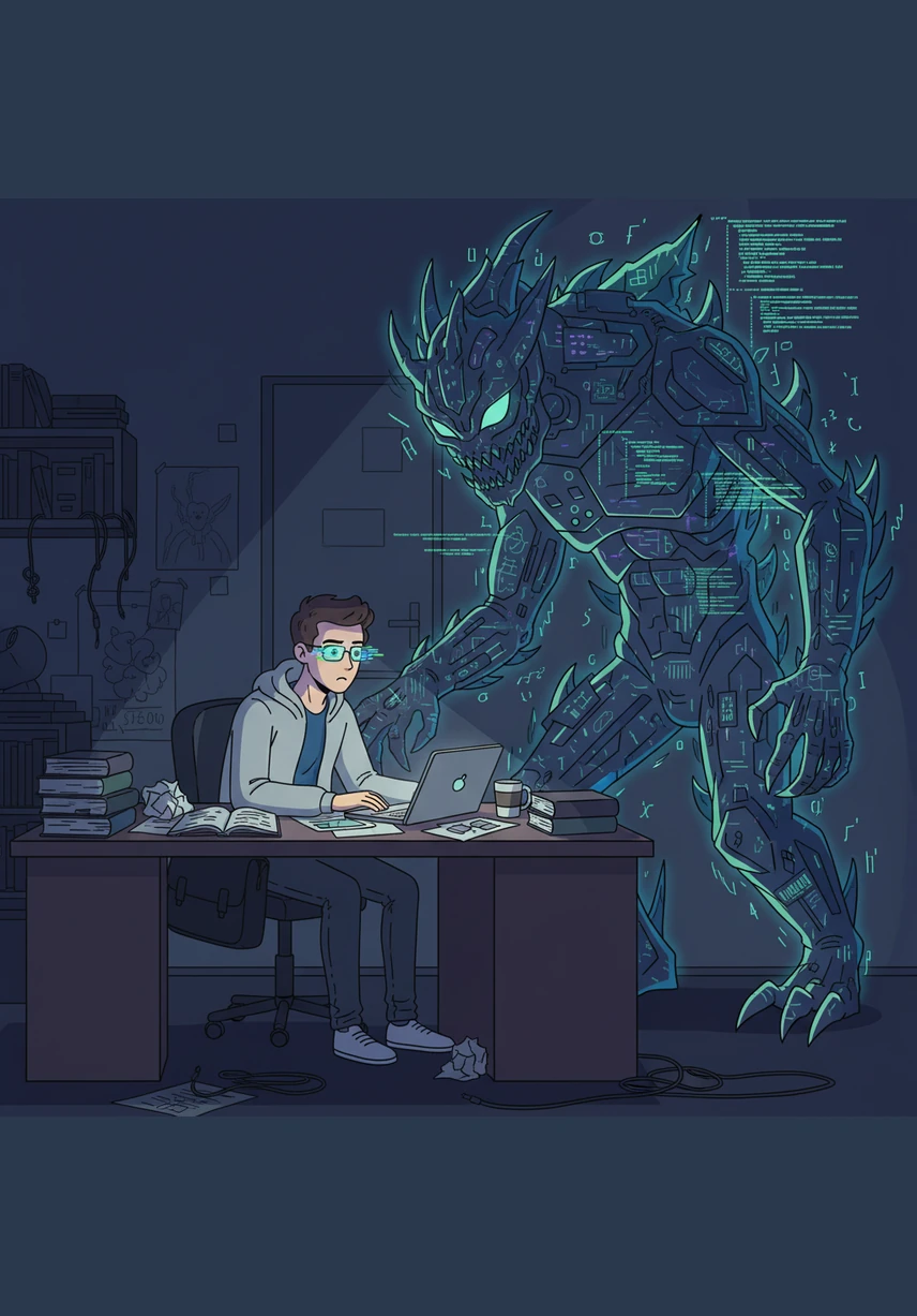 Alex sits in a dimly lit room, surrounded by empty energy drink cans and a glowing laptop screen showing a blank project file. The clock on the wall ticks loudly as the deadline for his computer science project looms just twenty-four hours away.