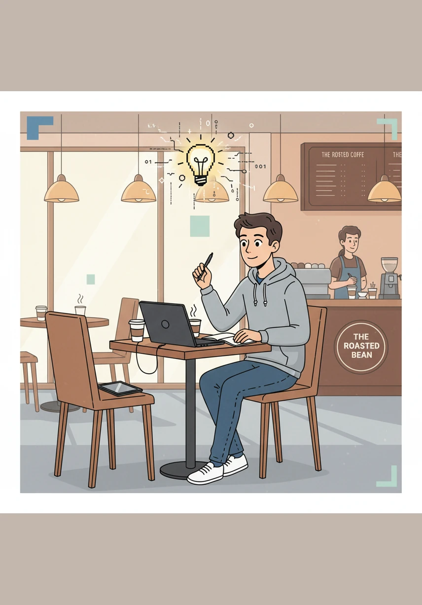 He visits his favorite local coffee shop, The Roasted Bean, where the aroma of fresh espresso sparks a sudden idea for his CRM dataset. He realizes that the messy piles of receipts and customer logs are the perfect raw material for his machine learning model.