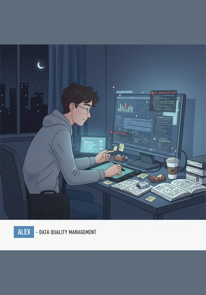 Back at his desk, Alex begins the grueling process of data quality management, scrubbing through thousands of rows of coffee sales information. He watches as the Data Quality Score on his screen slowly climbs from a messy red to a clean, vibrant green.