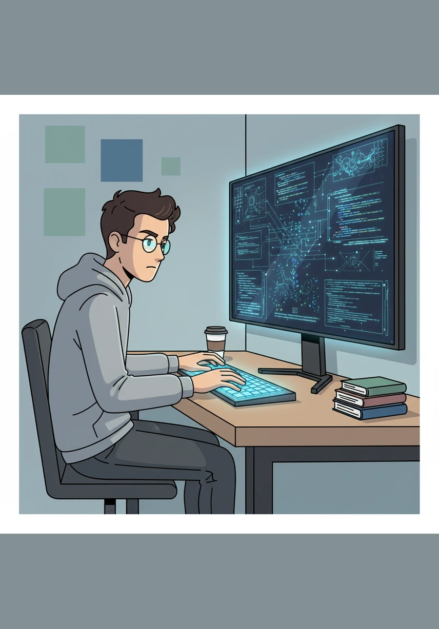 The challenge intensifies as he tackles churn prediction, trying to figure out why some regular customers suddenly stop coming for their morning lattes. He visualizes the customer behavior patterns as glowing nodes in a complex digital web.