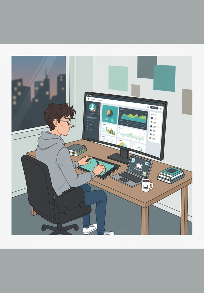 With the backend logic complete, Alex begins designing a sleek, modern dashboard website to display all his findings. He carefully places widgets for daily revenue charts and predictive gauges that pulse with real-time information.