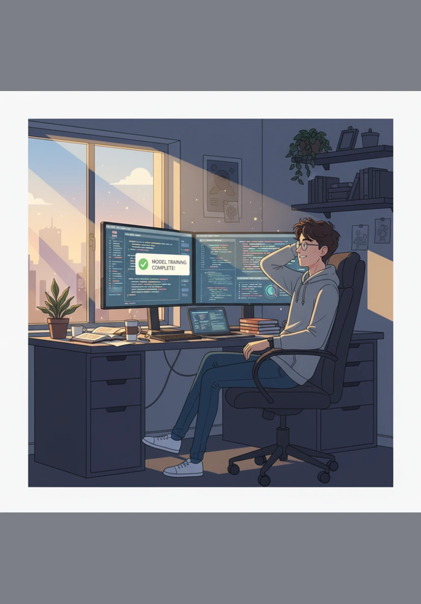 The sun begins to rise, casting a golden glow over his keyboard as the final pieces of the machine learning model click into place. The dashboard comes to life, showing beautiful visualizations of the coffee shop's financial health and customer loyalty.