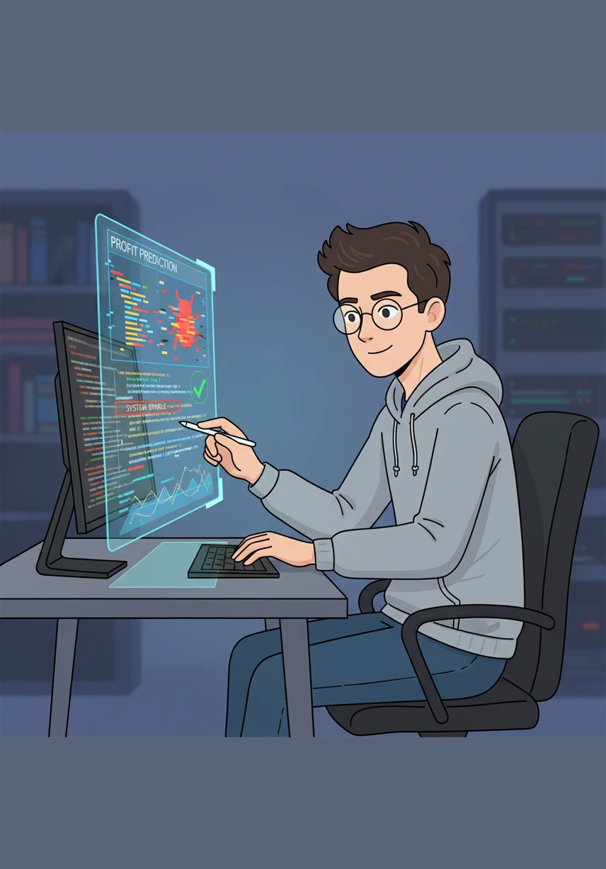Panic sets in briefly when a bug appears in the profit prediction module, but Alex stays calm and traces the error through the logic flow. With a few quick keystrokes, he fixes the code, and the system stabilizes perfectly.