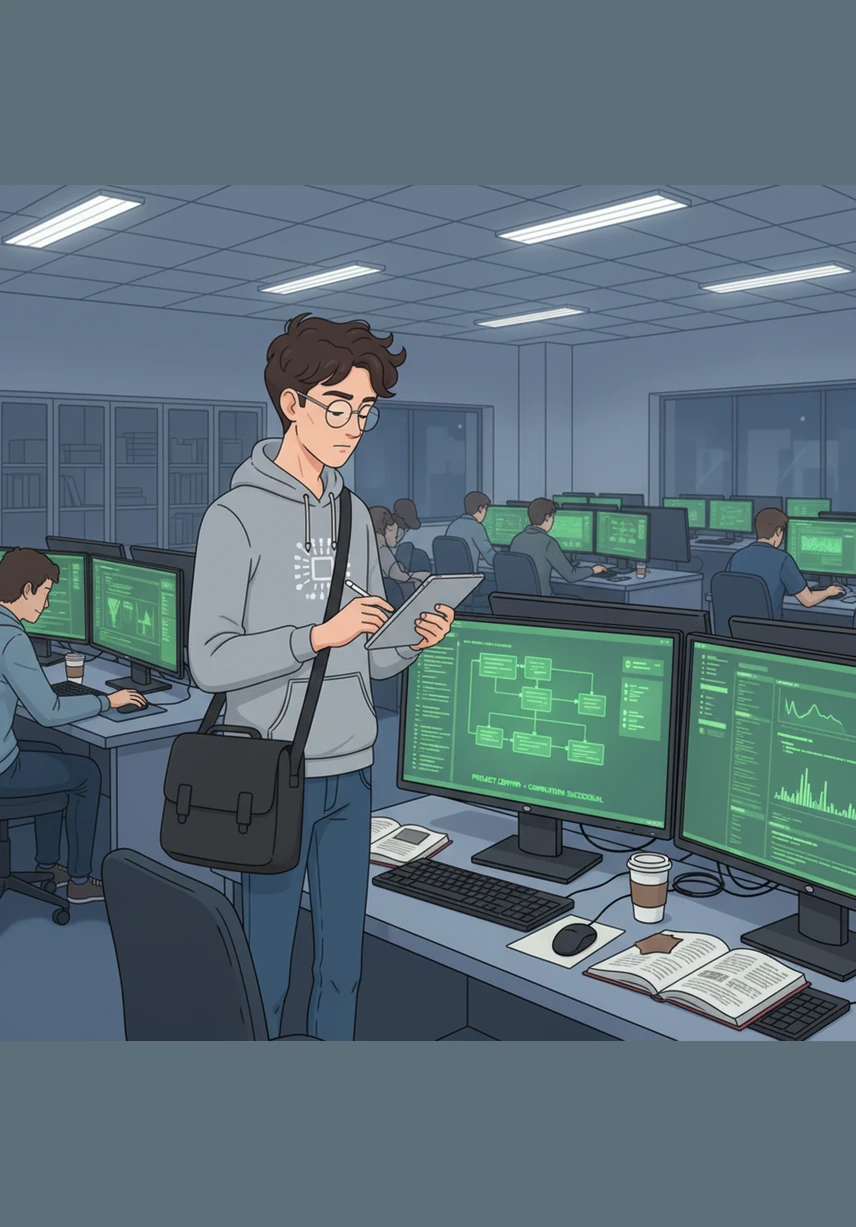 Alex stands before his professors the next morning, confidently presenting his Machine Learning-Based Data Quality Management system. The dashboard shines on the large projector, impressing everyone with its accuracy and professional design.