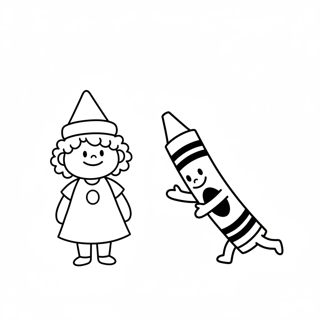 Suddenly, a vibrant red crayon rolled over with a friendly grin. "Hello, Pip! My name is Ruby," she chirped. "Are you ready to discover the magic of colors?" (Image: Pip (white crayon) facing a slightly larger, simple red crayon (Ruby). Both have simple smiles. Ruby is leaning slightly towards Pip.)