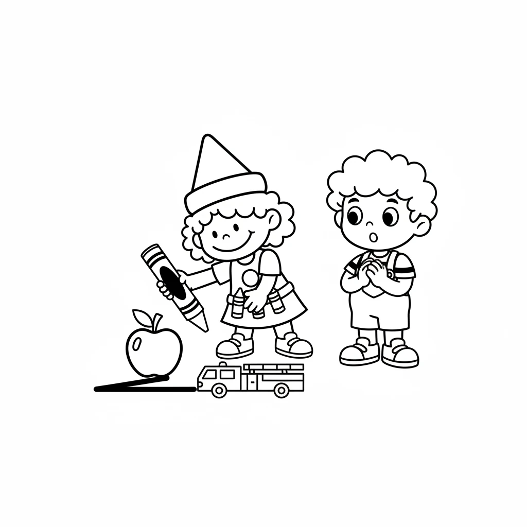 Ruby explained, "I am the color of juicy apples and speedy fire trucks!" She drew a simple, bold red line, then a circle. Pip watched, fascinated, as Ruby showed him the joy of red. (Image: Ruby (red crayon) drawing a bold, simple apple shape and a fire truck shape (just outline) on a white background. Pip is watching her with curious eyes.)