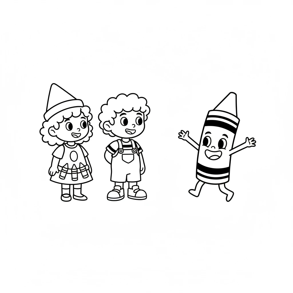 Next, a sunny yellow crayon bounced over. "Hi there, I'm Sunny!" she beamed. "Everything bright and cheerful is my specialty." Pip felt a warm glow just looking at her. (Image: Pip and Ruby now looking at a cheerful yellow crayon (Sunny) with a big, simple smile, arms outstretched in a welcoming gesture.)