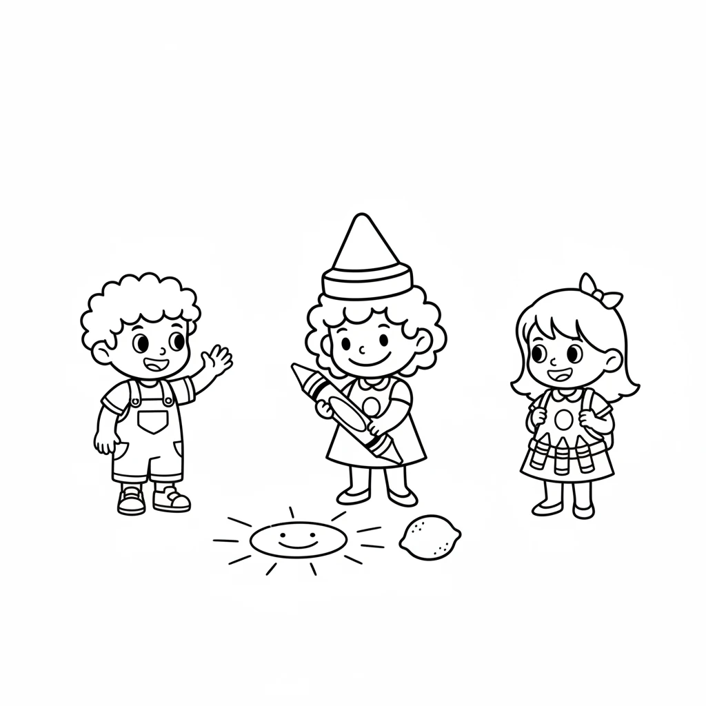 Sunny showed Pip how she could make the sun shine and lemons taste zesty. She drew a big, happy sun and a simple lemon outline. "Yellow brings so much light!" she exclaimed. (Image: Sunny (yellow crayon) drawing a simple sun with rays and a lemon outline. Pip and Ruby are watching.)