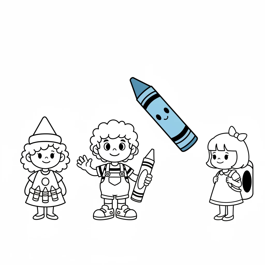 Then, a calm blue crayon floated gently by. "Greetings, I'm Skye," she introduced herself softly. "I'm the color of the vast sky and the deep, peaceful ocean." (Image: Pip, Ruby, and Sunny looking at a serene blue crayon (Skye) with gentle, calm eyes and a small smile.)