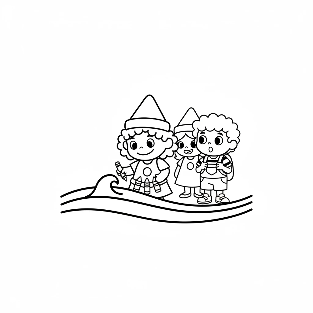 Skye drew a serene blue wave and a wide, open sky. "Blue can be calm like a quiet pond or exciting like a stormy sea," she explained. Pip was amazed by all the different feelings colors could hold. (Image: Skye (blue crayon) drawing a simple wave pattern and a curved line representing the horizon of the sky. The other crayons are observing.)