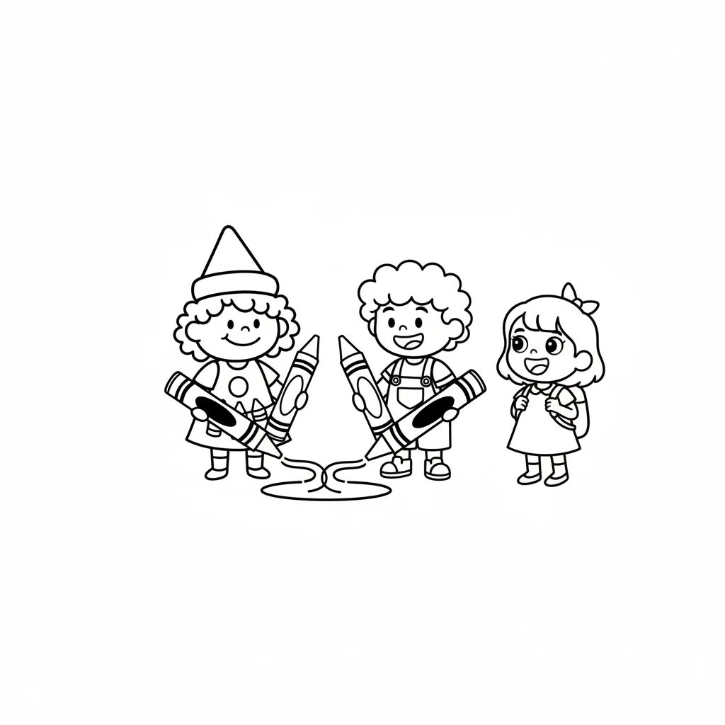 "Now for a secret!" whispered Ruby. "When I mix with Sunny, we make a brand new color!" Ruby and Sunny drew lines together, and a beautiful orange appeared. "It's orange!" they cheered. (Image: Ruby (red crayon) and Sunny (yellow crayon) drawing intertwining lines that merge into a simple orange blob or line. Pip is wide-eyed.)