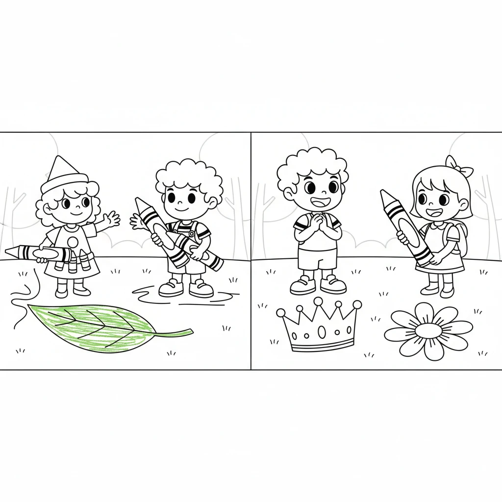 Sunny then danced with Skye, creating a lovely green for grass and leaves. Skye and Ruby made a regal purple, perfect for flowers and crowns. Pip watched, eager to try. (Image: Sunny (yellow) and Skye (blue) drawing a simple green leaf shape. Then Skye (blue) and Ruby (red) drawing a simple purple flower outline. Pip is smiling excitedly.)