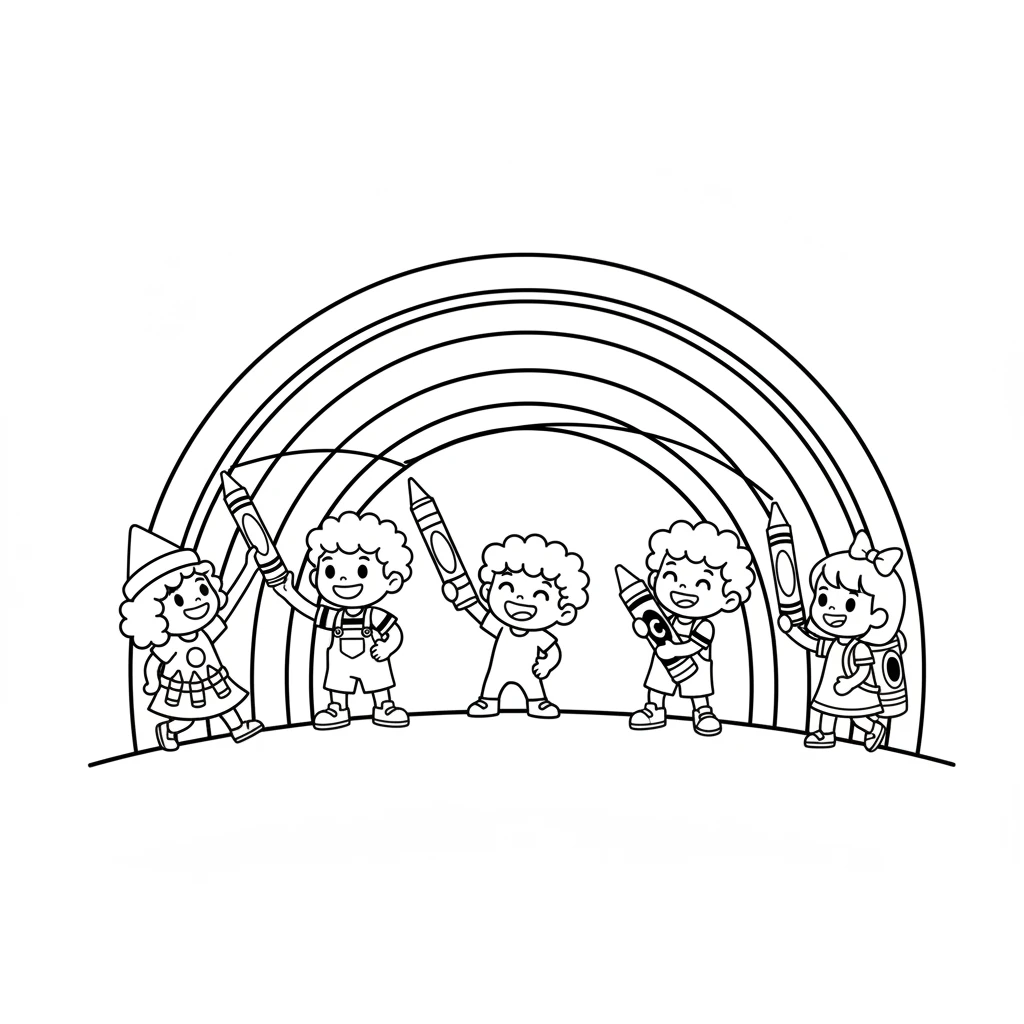 Pip now understood the magic. He joined his friends, and together they drew a magnificent, vibrant rainbow, full of all the colors they had created. Pip felt so proud, knowing he was part of something wonderful. (Image: All four crayons (Pip, Ruby, Sunny, Skye) drawing together, creating a large, simple rainbow arc with bold, distinct color lines (red, orange, yellow, green, blue, purple). Pip is at the center, looking very happy.)