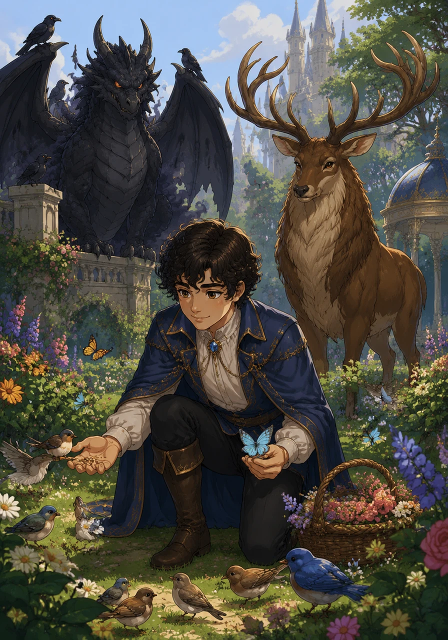 Long ago, in a kingdom hidden beyond the mountains, lived Prince Elian, a young man with dark curly hair and a heart of gold. He spent his days in the royal gardens, gently feeding the birds and mending the wings of fallen butterflies.
