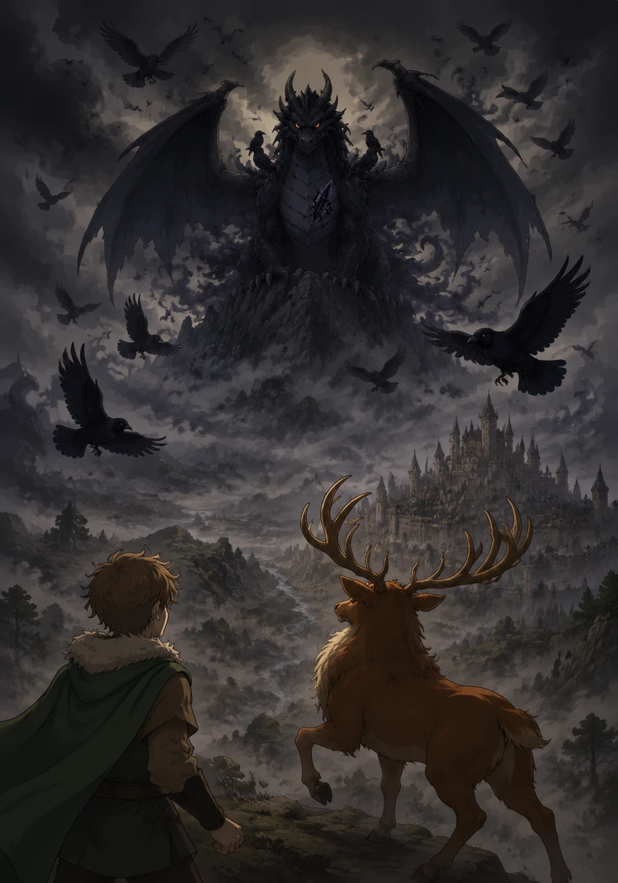 One day, a thick gray mist rolled over the land, stealing the sun's warmth and silencing the birds. From the highest peak, a jealous dragon, shrouded in shadows and followed by a murder of ravens, cast a curse upon the kingdom.