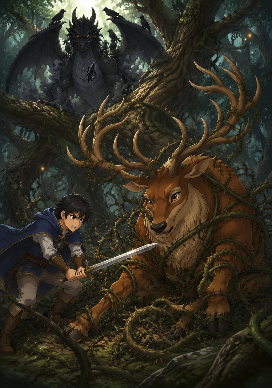 His journey led him into the heart of the Enchanted Forest, where the trees whispered secrets and the roots tried to trip his feet. There, he found a giant stag trapped in a web of thorny vines, its eyes wide with fear and pain.