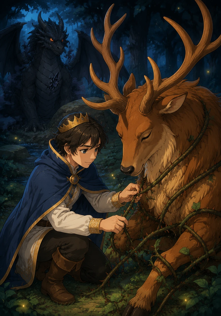 Instead of cutting the vines with a blade, Elian spoke softly and used his gentle hands to untangle the thorns one by one. Grateful, the stag bowed its head and offered to carry the prince through the deepest, darkest parts of the woods.