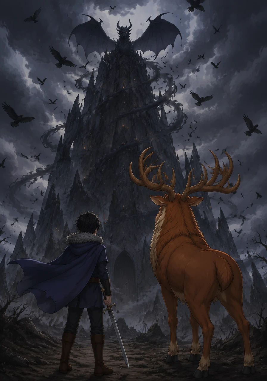 They arrived at the base of a jagged, black tower that pierced the clouds like a broken tooth. A swirl of dark mist and cawing ravens circled the summit, where the dragon watched with eyes like cold, glowing embers.