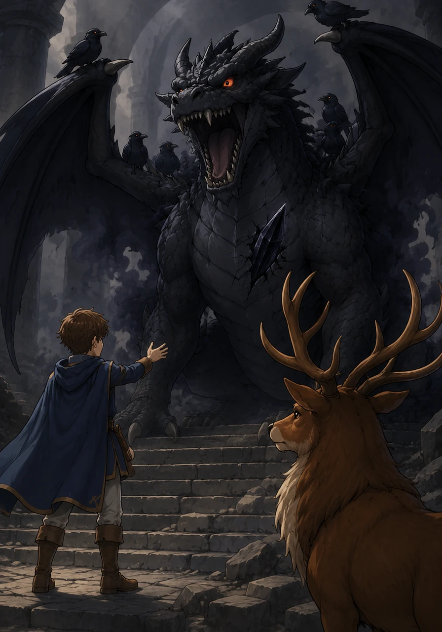 Elian climbed the winding stairs until he stood before the dragon, who roared with a sound like crashing stones. The dragon expected a fight, but Elian simply looked at the creature with sadness and asked why it felt so alone.