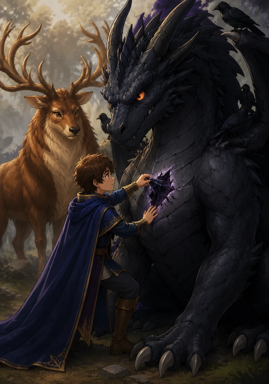 As the dragon prepared to breathe fire, Elian noticed a shard of dark glass embedded in the dragon's chest near its heart. He stepped forward fearlessly and gently pulled the shard away, replacing the cold void with a warm, comforting touch.