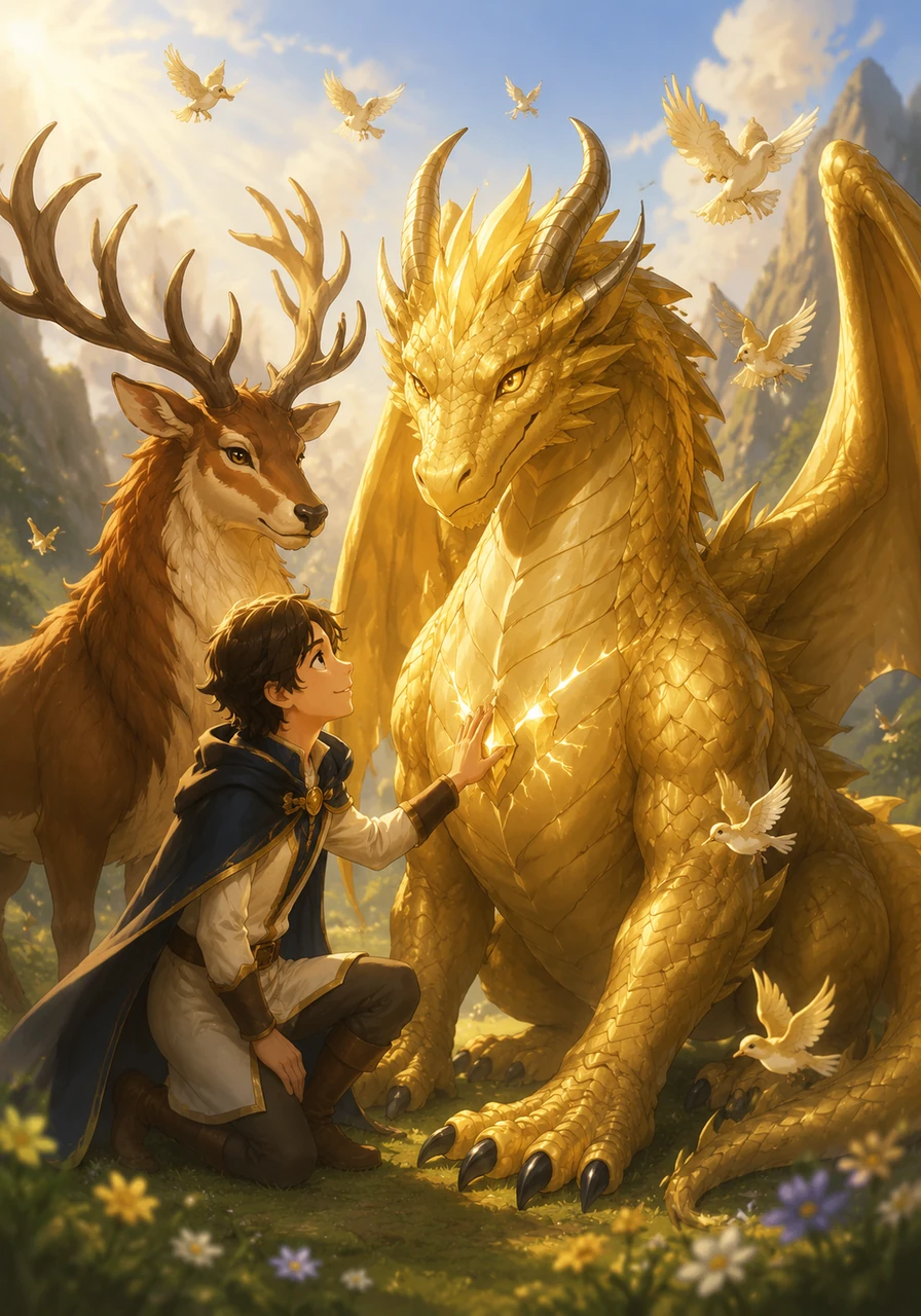 The dark mist evaporated instantly, and the dragon’s scales turned from soot-black to a shimmering, radiant gold. The ravens flew away, replaced by singing larks, as the dragon realized that it no longer needed to be feared to be loved.