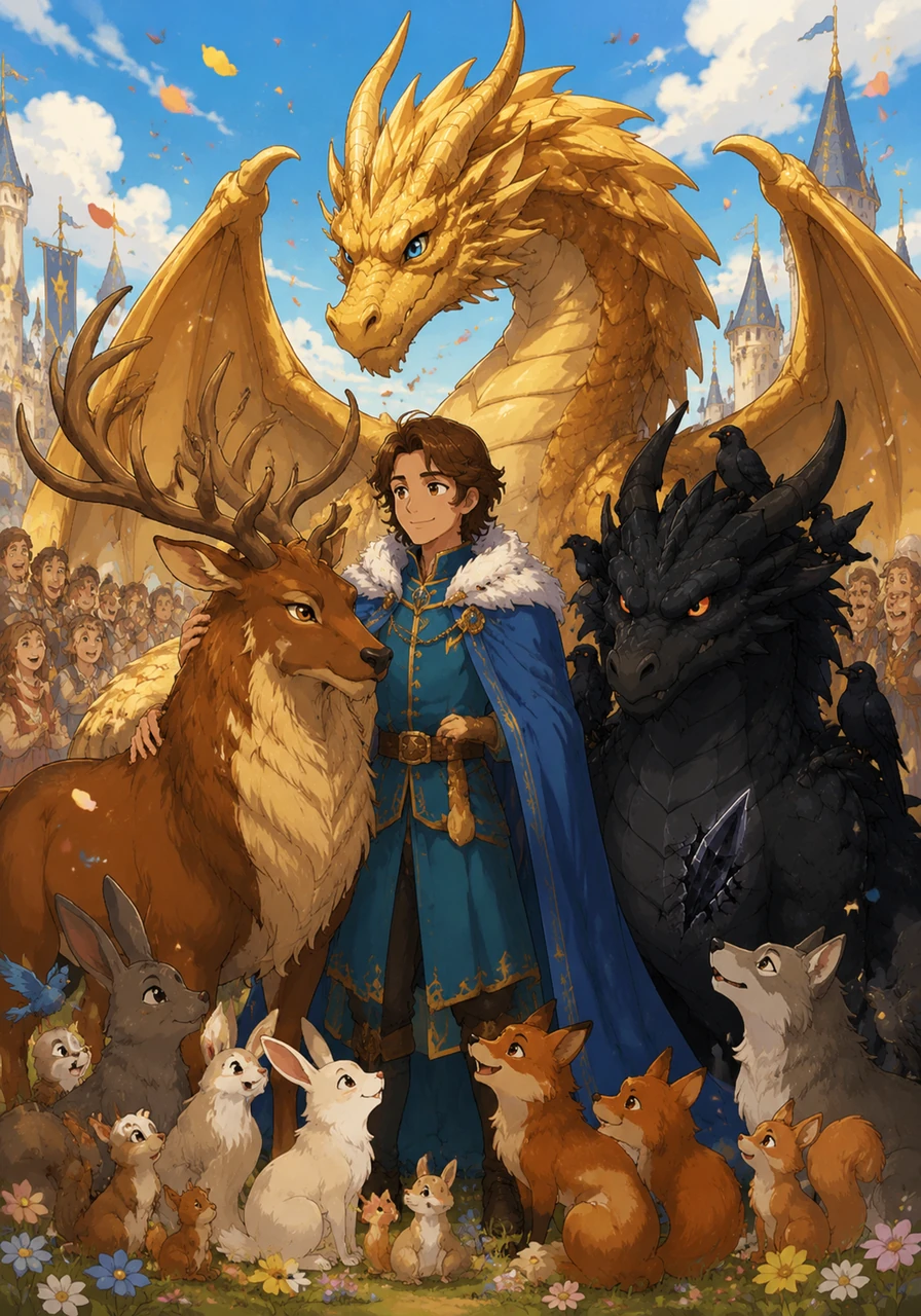 Prince Elian returned home as a wise and beloved ruler, with the golden dragon acting as the kingdom's loyal protector. Under his reign, the land became a sanctuary where humans and animals lived in perfect harmony forever.