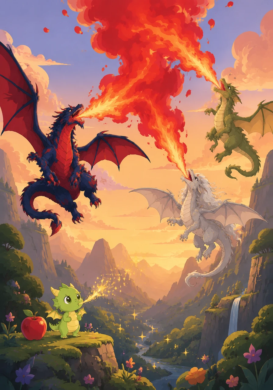 Deep in a magical valley, all the young dragons were growing big and strong, breathing magnificent torrents of bright red fire. Except for little Nano, who remained as small as an apple, only able to breathe out tiny, sweet golden sparks that went 'tlim, tlim, tlim' like dancing stars.