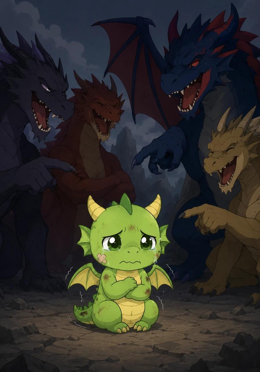 The larger dragons laughed and teased Nano, telling him that a dragon who isn't scary could never be a real dragon. Nano felt a heavy, cold ache in his chest, a strange trembling feeling that felt exactly like fear.