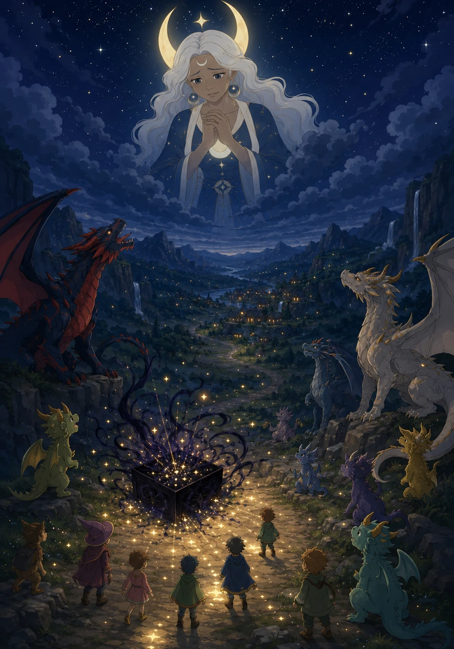 One evening, Mother Moon looked down from the night sky with a worried face and called out to the creatures of the valley. A mysterious Dark Box had appeared on the children's path, swallowing up the beautiful starlight and trapping it inside.