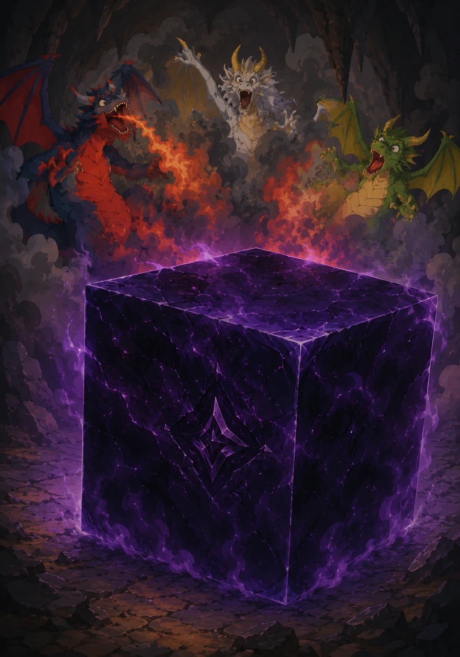 The big, fierce dragons stepped up first, blowing huge flames and thick smoke at the box to break it open. But the Dark Box only grew larger, greedily absorbing their fire and turning even darker, scaring the big dragons away.