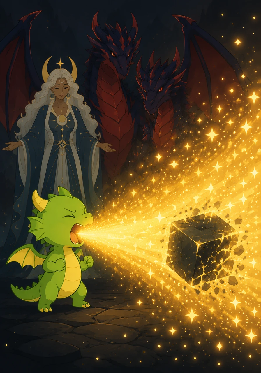 Nano opened his mouth wide and blew with all his might, releasing a magnificent cloud of millions of twinkling golden sparks. The magical, glowing sparks swarmed like fireflies, and the Dark Box, hating the pure light, began to shrivel and shrink until it completely vanished.