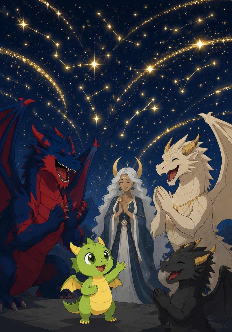 With the box gone, the stolen stars burst back into the night sky, painting the darkness with brilliant constellations. The big dragons cheered and applauded Nano, amazed by his bravery, while Nano happily explained that being afraid is okay, as long as your fear isn't bigger than you.