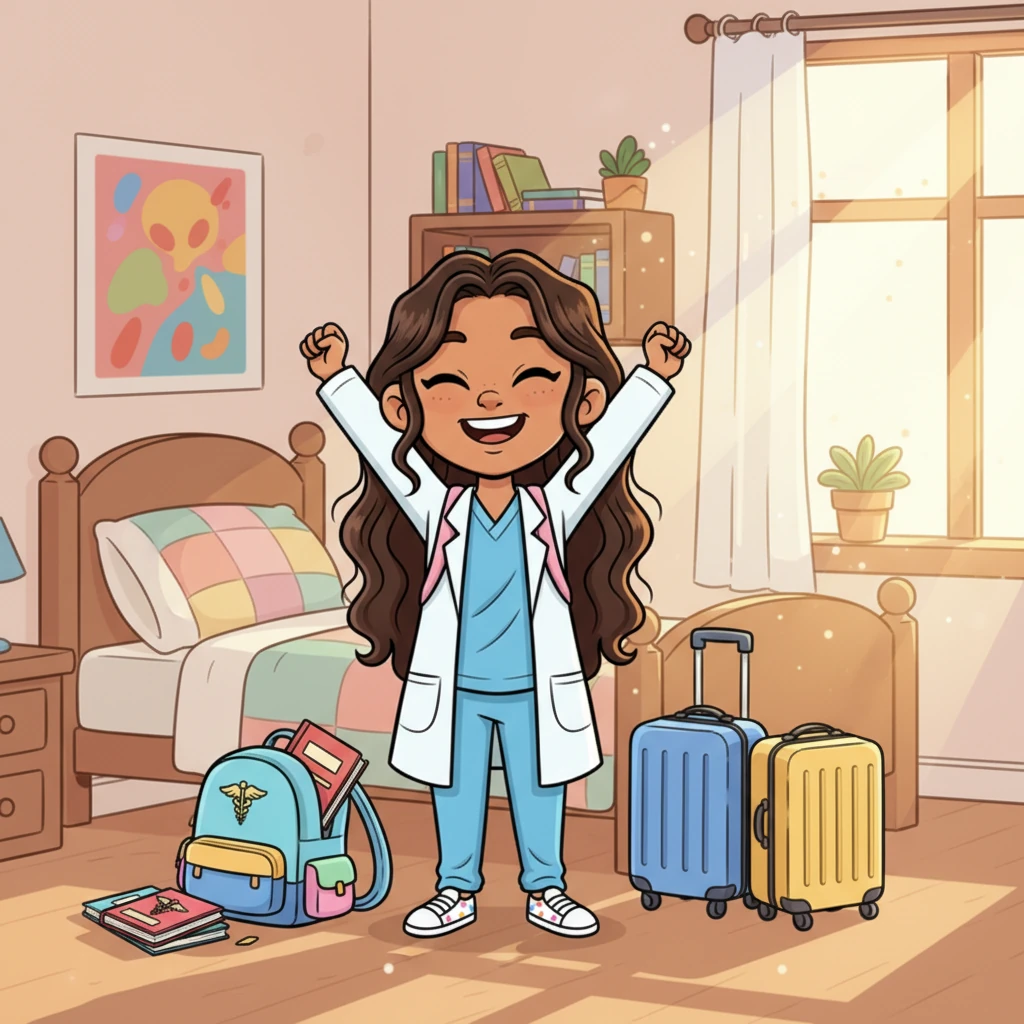 The warm afternoon sun streamed into Malu's room as she happily unpacked her bags. After a long semester of studying, being home for the holidays felt like a dream. She stretched her arms high, a wide, joyful smile spreading across her face, ready for some much-needed relaxation.