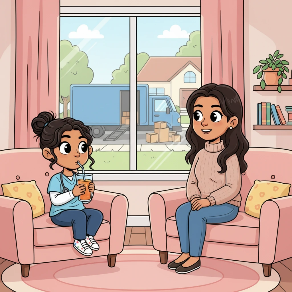 Later, Malu chatted with her mom in the cozy living room, sipping on a glass of fresh juice. "Mom, I noticed a moving truck next door," Malu said, a curious tilt to her head. Her mom nodded, a knowing look in her eyes, confirming the arrival of new residents.