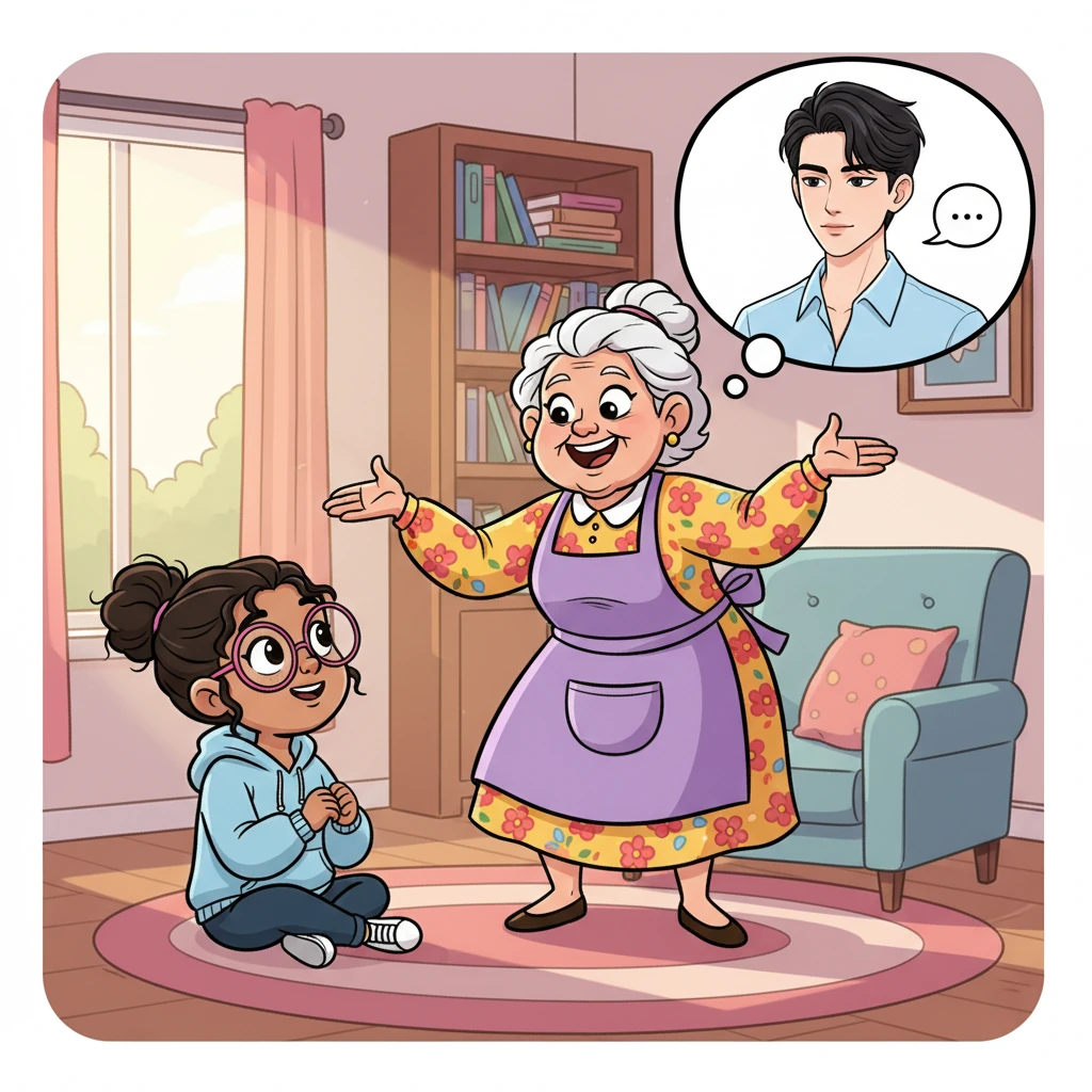 Suddenly, Grandma, with her usual spirited entrance, chimed in, excitedly describing the new family. She painted a vivid picture of the handsome eldest son, Kashyap, praising his looks like a Korean drama star, even mentioning his inability to speak. Malu's eyes widened, a flicker of intrigue sparking within her.